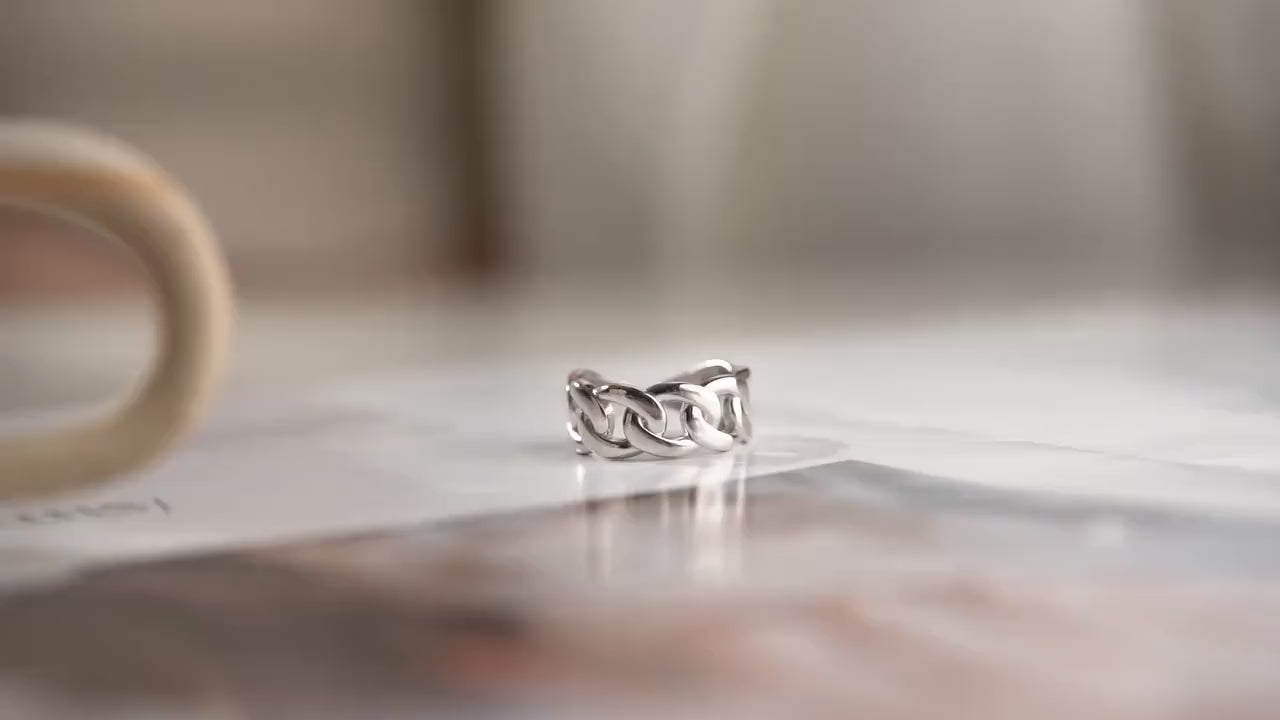 Chunky Chain Ring - Handmade 925 Sterling Silver Gold Plated - Bold Open Adjustable Band - Trendy Statement Jewelry Gift for Her