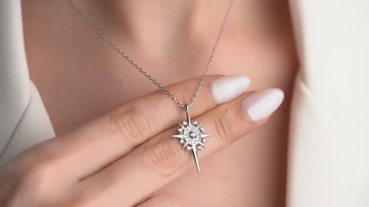 North Star Necklace - Handmade 925 Sterling Silver Gold Plated - Celestial CZ Pendant - Dainty Cosmic Jewelry - Brilliant Gift for Her