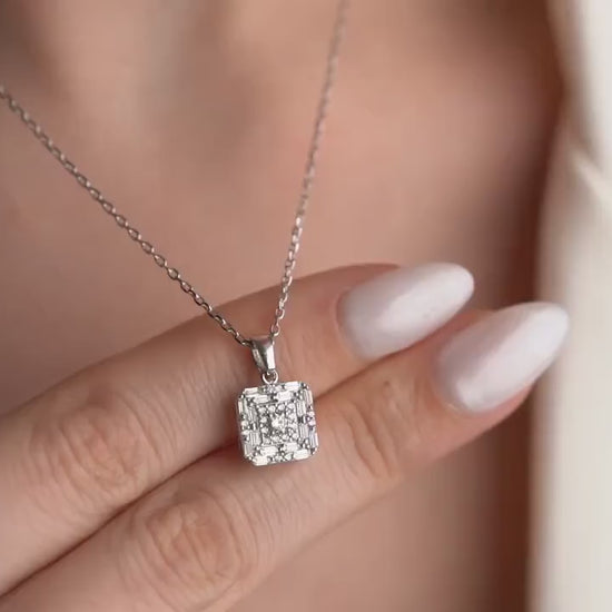 Vintage Square Pendant Necklace - Handmade 925 Sterling Silver Gold Plated - Elegant CZ Jewelry - Timeless Statement Gift for Her