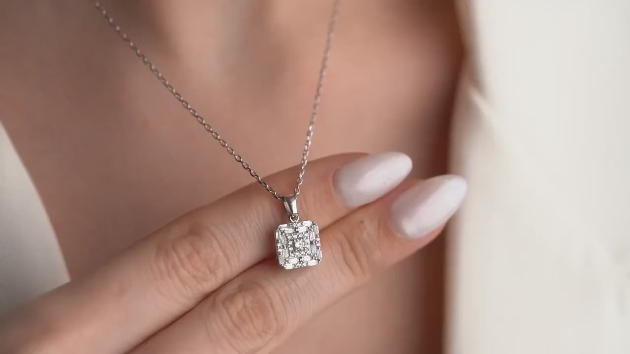 Vintage Square Pendant Necklace - Handmade 925 Sterling Silver Gold Plated - Elegant CZ Jewelry - Timeless Statement Gift for Her