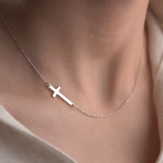 Minimalist Cross Necklace - 925 Sterling Silver Christian Jewelry - Dainty Sideways Cross - Faith Necklace Baptism Gift for Women