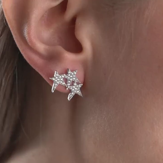 Zircon Star Earrings - Handmade 925 Sterling Silver Triple Star Studs - Cubic Zirconia Paved Star Jewelry - Dainty Gift for Her