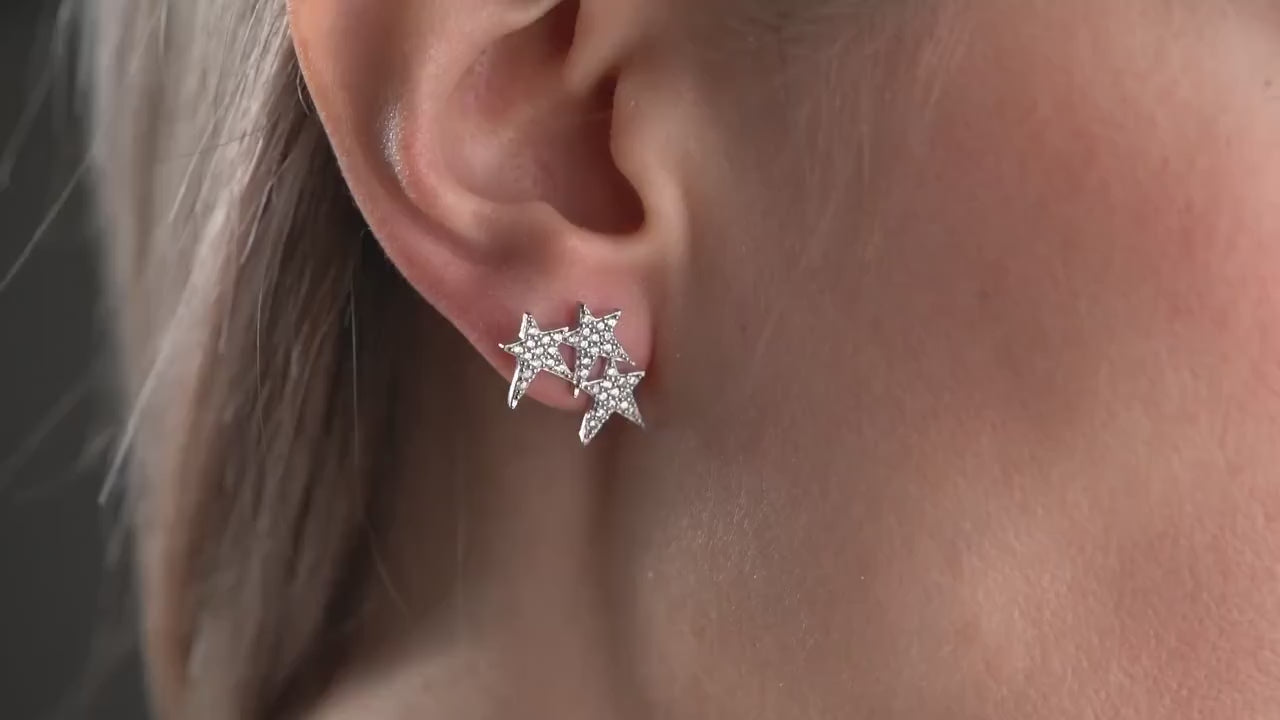 Zircon Star Earrings - Handmade 925 Sterling Silver Triple Star Studs - Cubic Zirconia Paved Star Jewelry - Dainty Gift for Her