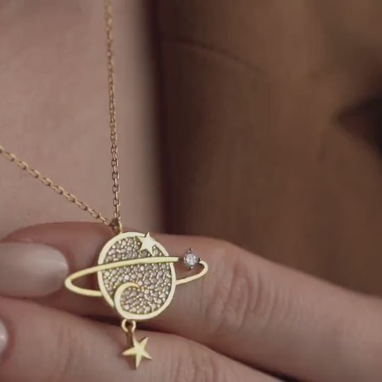 Planet Necklace • Celestial Jewelry for Women • 925 Sterling Silver & Gold Plated • Saturn Pendant with Star Charm • Space Gift for Her