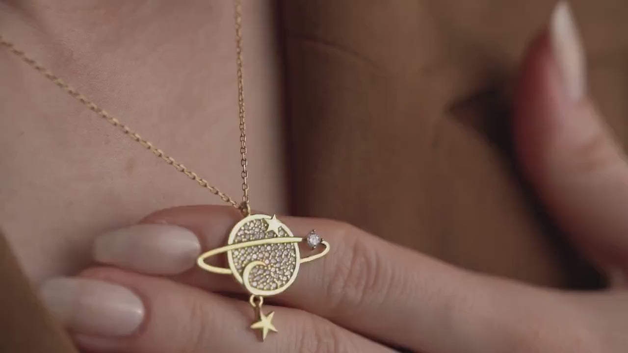 Planet Necklace • Celestial Jewelry for Women • 925 Sterling Silver & Gold Plated • Saturn Pendant with Star Charm • Space Gift for Her