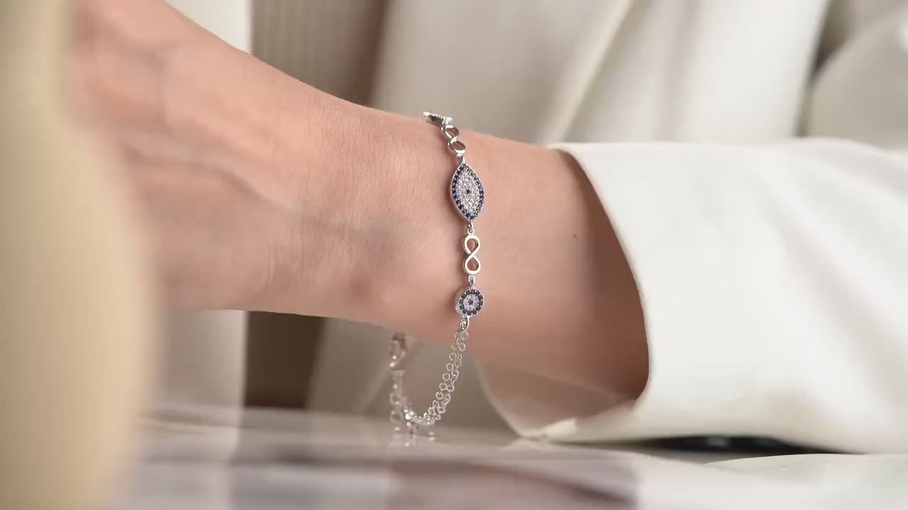 Evil Eye Infinity Bracelet - Handmade 925 Sterling Silver Gold Plated - Blue Zircon Charm - Protection Jewelry Gift for Her
