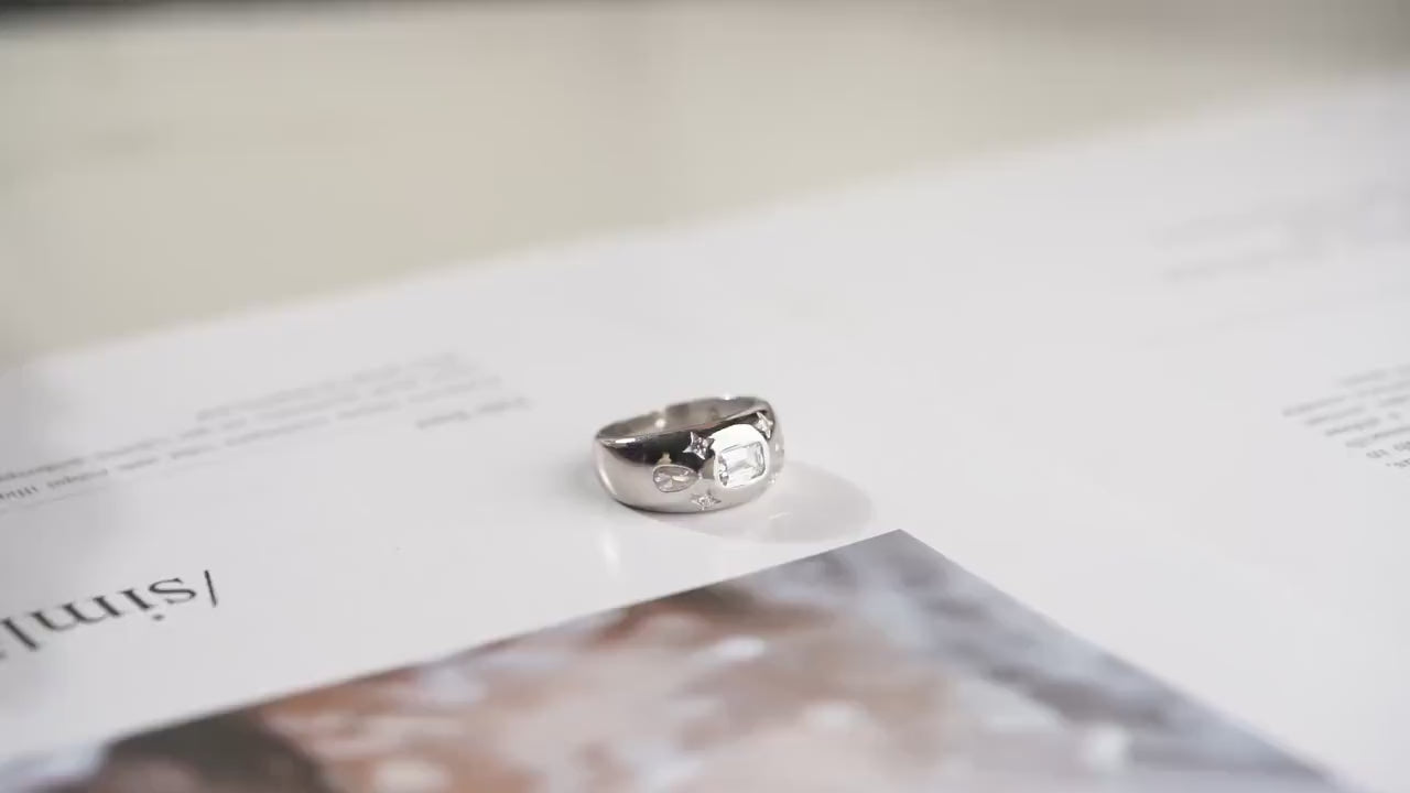 Chunky CZ Dome Ring - Handmade Adjustable Sterling Silver - Gold & Silver Band - Vintage-Inspired Dainty Statement Jewelry Gift for Her