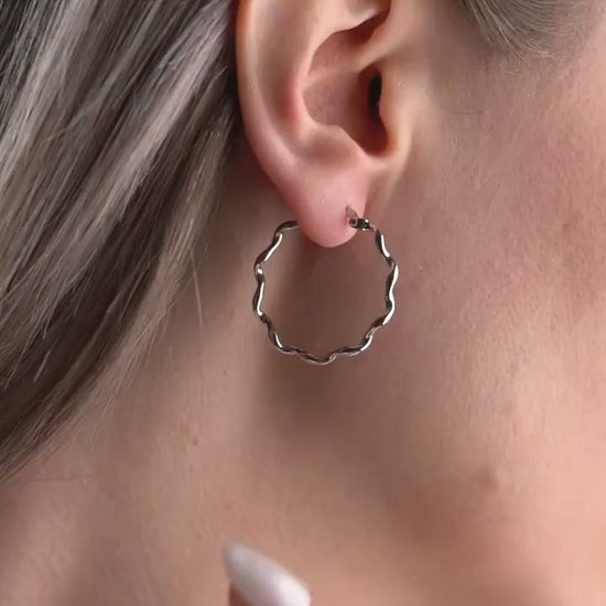 Wavy Hoop Earrings - Handmade 925 Sterling Silver Gold Plated - Textured Minimalist Hoops - Lightweight Everyday Jewelry Gift for Her