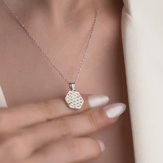 Honeycomb Jewelry Set - Handmade 925 Sterling Silver 14K Gold Plated - Geometric Zircon Pendant and Earrings - Elegant Gift for Women