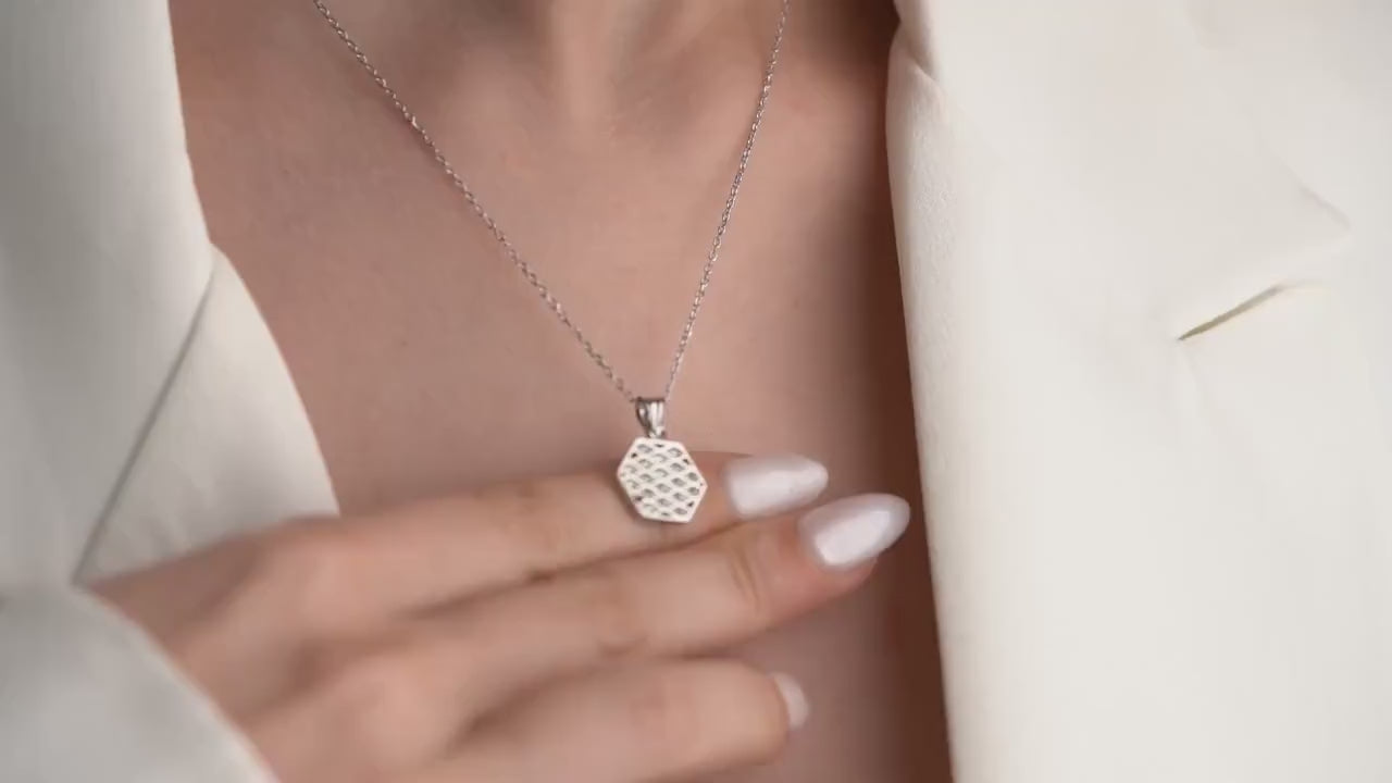 Honeycomb Jewelry Set - Handmade 925 Sterling Silver 14K Gold Plated - Geometric Zircon Pendant and Earrings - Elegant Gift for Women