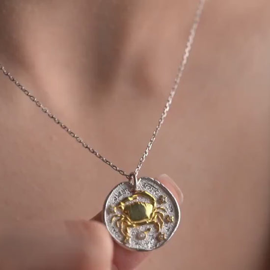 Cancer Zodiac Necklace • 925 Sterling Silver & Gold Plated • Coin Medallion Pendant • Celestial Astrology Jewelry • Gift for Her