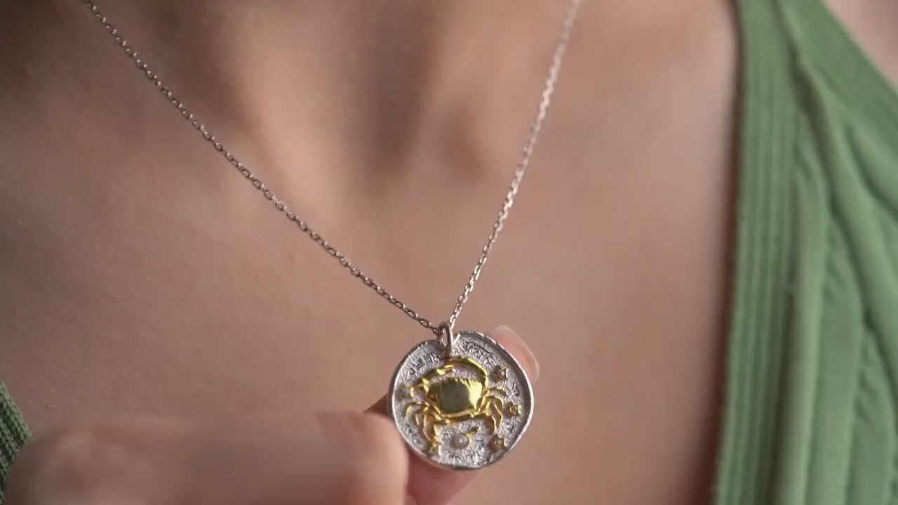 Cancer Zodiac Necklace • 925 Sterling Silver & Gold Plated • Coin Medallion Pendant • Celestial Astrology Jewelry • Gift for Her