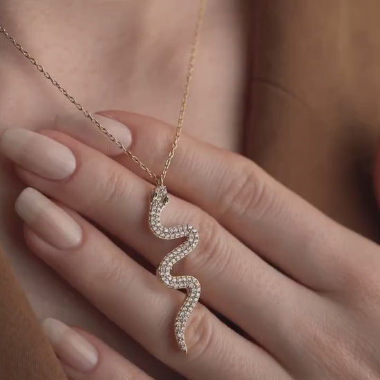 Snake Pendant Necklace - Handmade 925 Sterling Silver Gold Plated - CZ Serpent Jewelry - Dainty Layered Necklace Gift for Her
