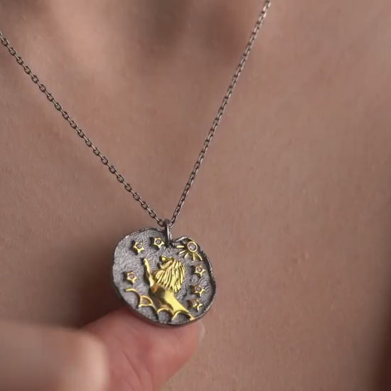 Leo Zodiac Sign Necklace • 925 Sterling Silver • 12 Horoscope Designs • 14K Gold & Oxidized Finish • Unique Thoughtful Gift for Her