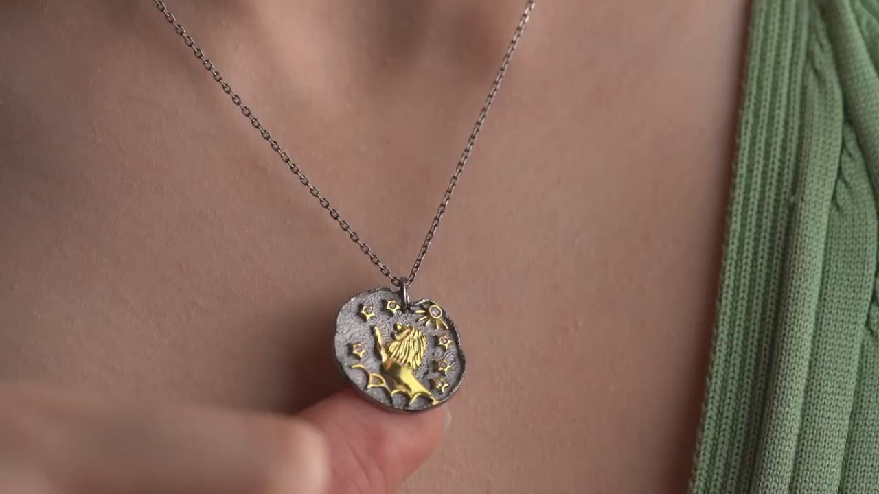 Leo Zodiac Sign Necklace • 925 Sterling Silver • 12 Horoscope Designs • 14K Gold & Oxidized Finish • Unique Thoughtful Gift for Her