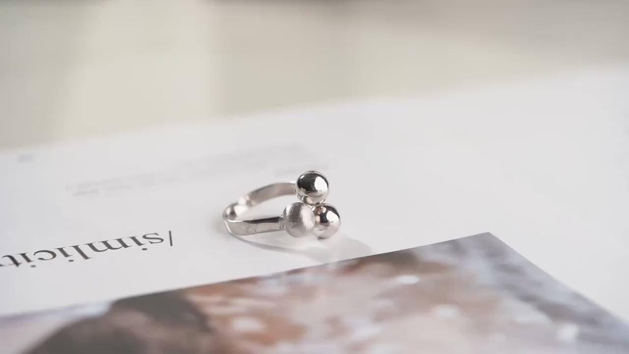 Triple Ball Ring - Handmade 925 Sterling Silver 14K Gold Plated - Modern Matte & Polished Contrast - Statement Jewelry Gift for Her