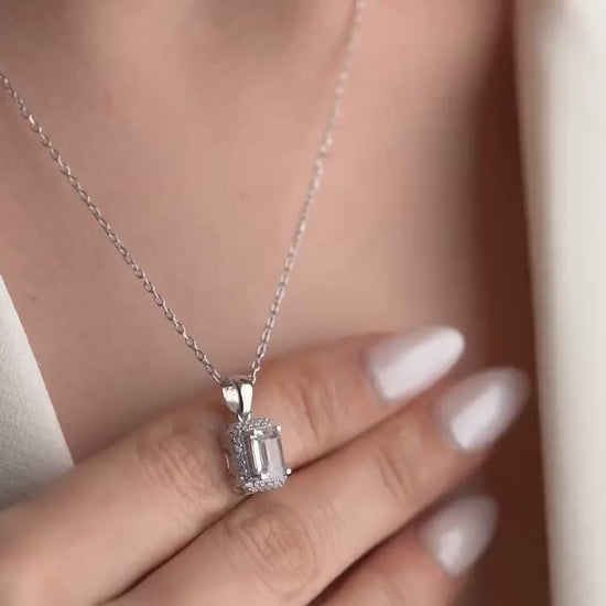 Emerald Cut Zircon Necklace - Handmade 925 Sterling Silver Gold Plated - Halo CZ Pendant - Elegant Timeless Jewelry Gift for Her