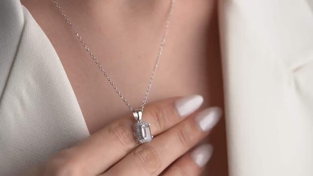 Emerald Cut Zircon Necklace - Handmade 925 Sterling Silver Gold Plated - Halo CZ Pendant - Elegant Timeless Jewelry Gift for Her