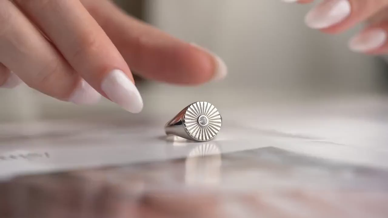 Sunburst Signet Ring - Handmade 925 Sterling Silver Gold Plated - Adjustable Minimalist Band - Boho Statement Jewelry Gift for Her
