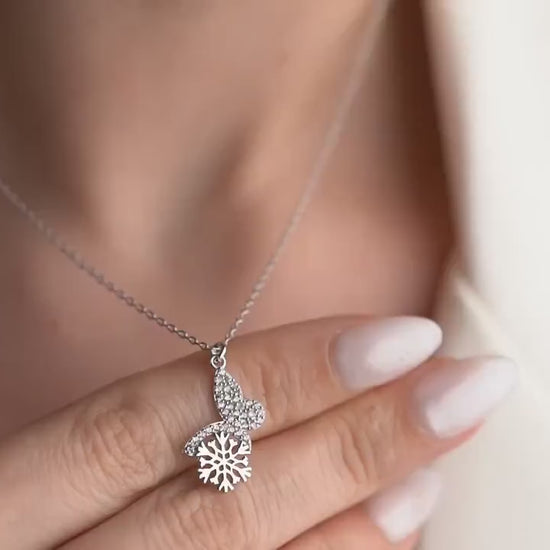 Butterfly Snowflake Necklace - Handmade 925 Sterling Silver Gold Plated - Elegant CZ Pendant - Winter Christmas Jewelry Gift for Her