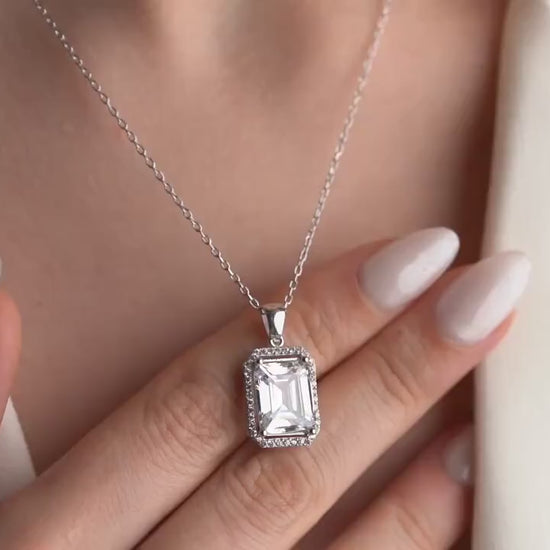 Emerald Cut Halo Necklace - Handmade 925 Sterling Silver Gold Plated - Classic CZ Pendant - Elegant Timeless Jewelry Gift for Her