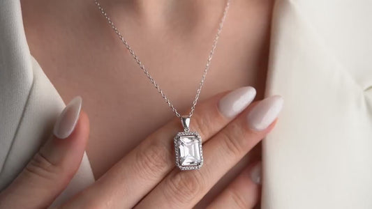 Emerald Cut Halo Necklace - Handmade 925 Sterling Silver Gold Plated - Classic CZ Pendant - Elegant Timeless Jewelry Gift for Her