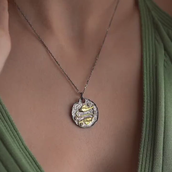 Pisces Zodiac Necklace • 925 Sterling Silver & Gold Plated • Vintage Coin Pendant • Celestial Astrology Jewelry • Horoscope Gift for Her