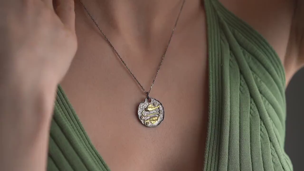 Pisces Zodiac Necklace • 925 Sterling Silver & Gold Plated • Vintage Coin Pendant • Celestial Astrology Jewelry • Horoscope Gift for Her
