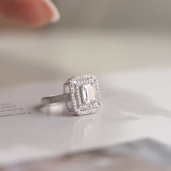 Emerald Cut CZ Ring - Handmade 925 Sterling Silver - Double Halo Engagement Ring - Statement Jewelry - Luxury Gift for Her