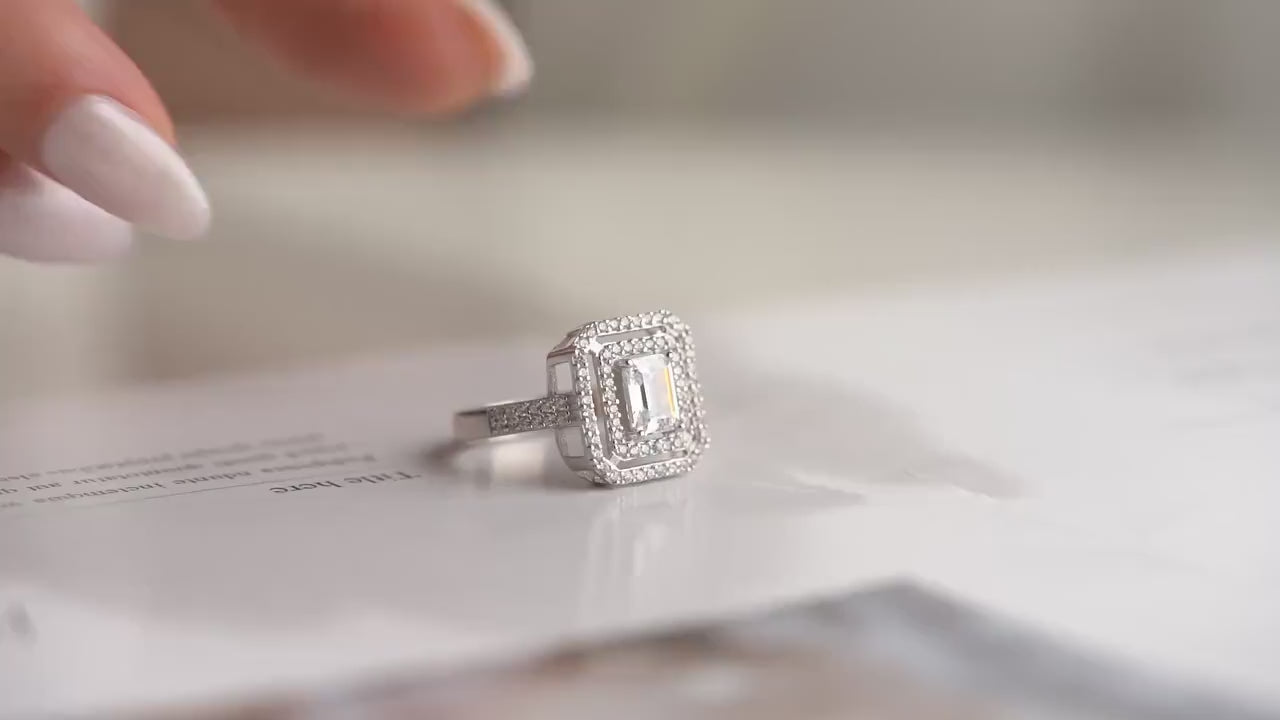 Emerald Cut CZ Ring - Handmade 925 Sterling Silver - Double Halo Engagement Ring - Statement Jewelry - Luxury Gift for Her